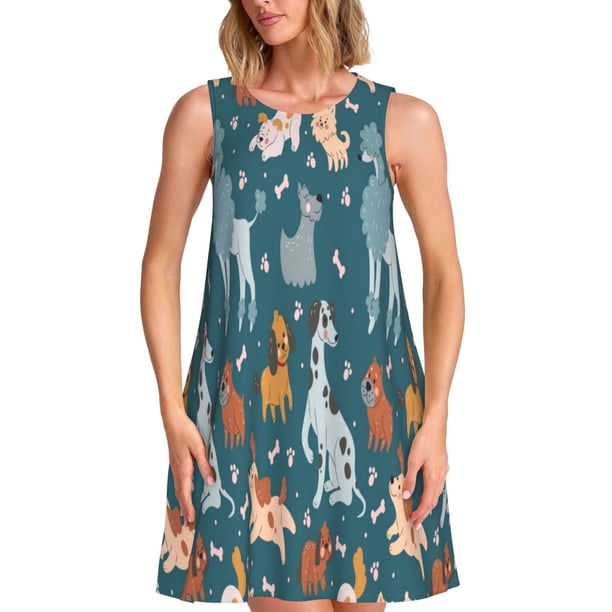 Fotbe Dogs Vestido de Verano sin Mangas para Mujer – Vestido Midi Línea A, Estilo Camiseta Floral, Vestido Playero Casual y Fluido