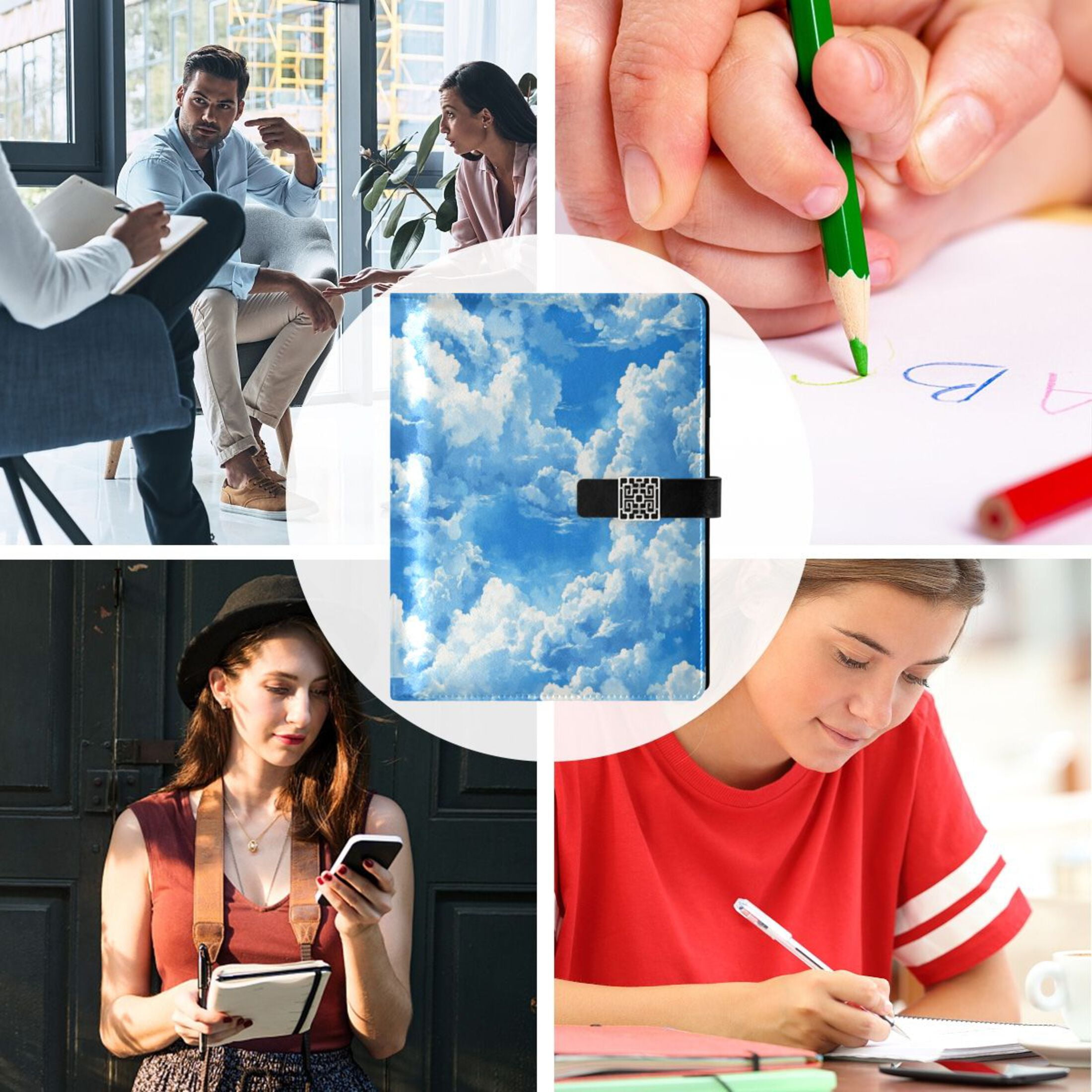 Leather Planner Leather Notebook Notebook Journal Binder Design Pen Pocket Design Convenient for Storage Beautiful Cartoon Blue Sky