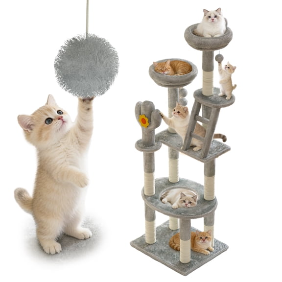 Sluting 72in Cactus Cat Tree for Indoor Cats, Tall Cat Tower with Transparent Capsule, Sisal Scratching Posts & Interactive Toys, Gray