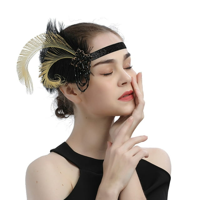 1920s Flapper Headband Black Feather Headpiece Rhinestone Hair Band Cocktail Head Accessories for Womens