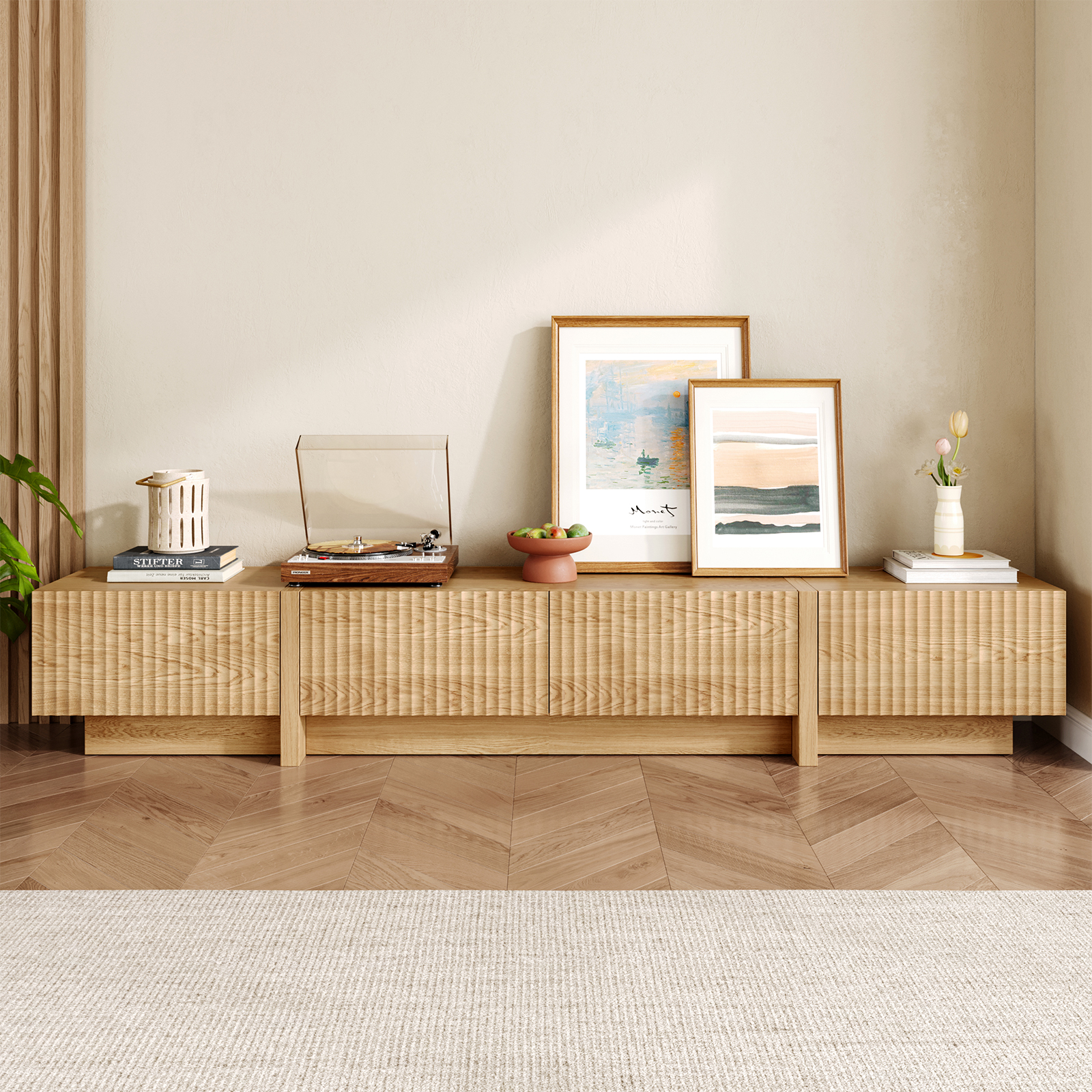98" Natural Modern TV Stand, Large Entertainment Center with Drawers & Storage Compartments, Fits 55"-95" TVs for Living Room
