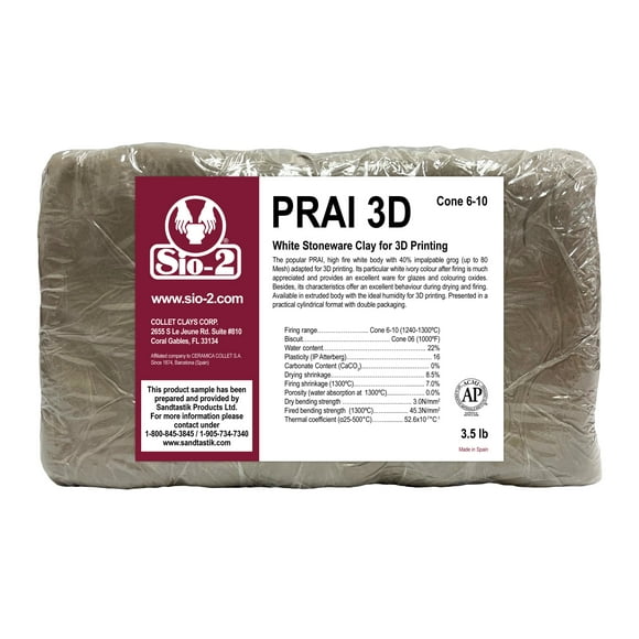 SIO-2 PRAI3D White Stoneware Ceramic 3D Pottery Clay | 3.5 lb, Cone 6-10 | High Fire Kiln-Fired Clay For 3D Printing & Extruding - Print Ceramics and Digital Artwork, Ready-To-Use