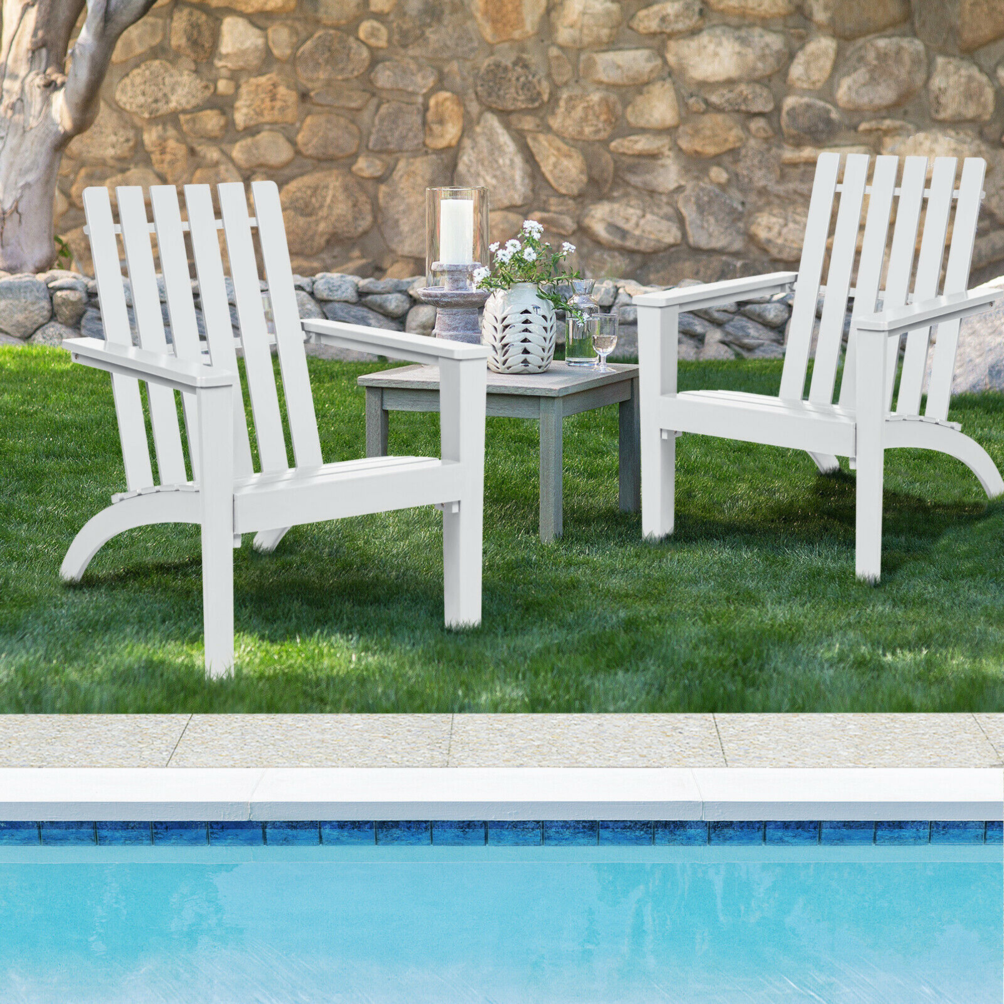 Gymax Set of 2 Outdoor Wooden Adirondack Chair Patio Lounge Chair w/ Armrest White