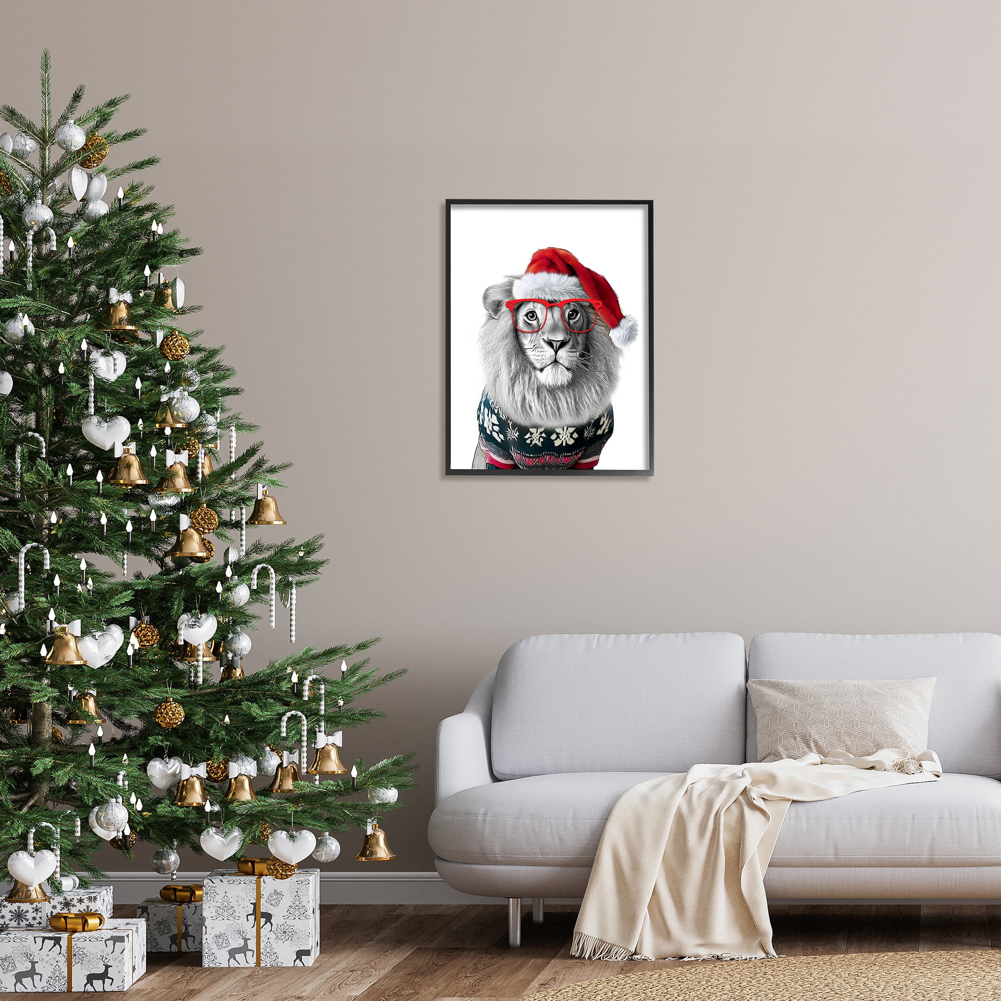 Stupell Industries Lion in Christmas Sweater Holiday Painting Black Framed Art Print Wall Art, 24 x 30
