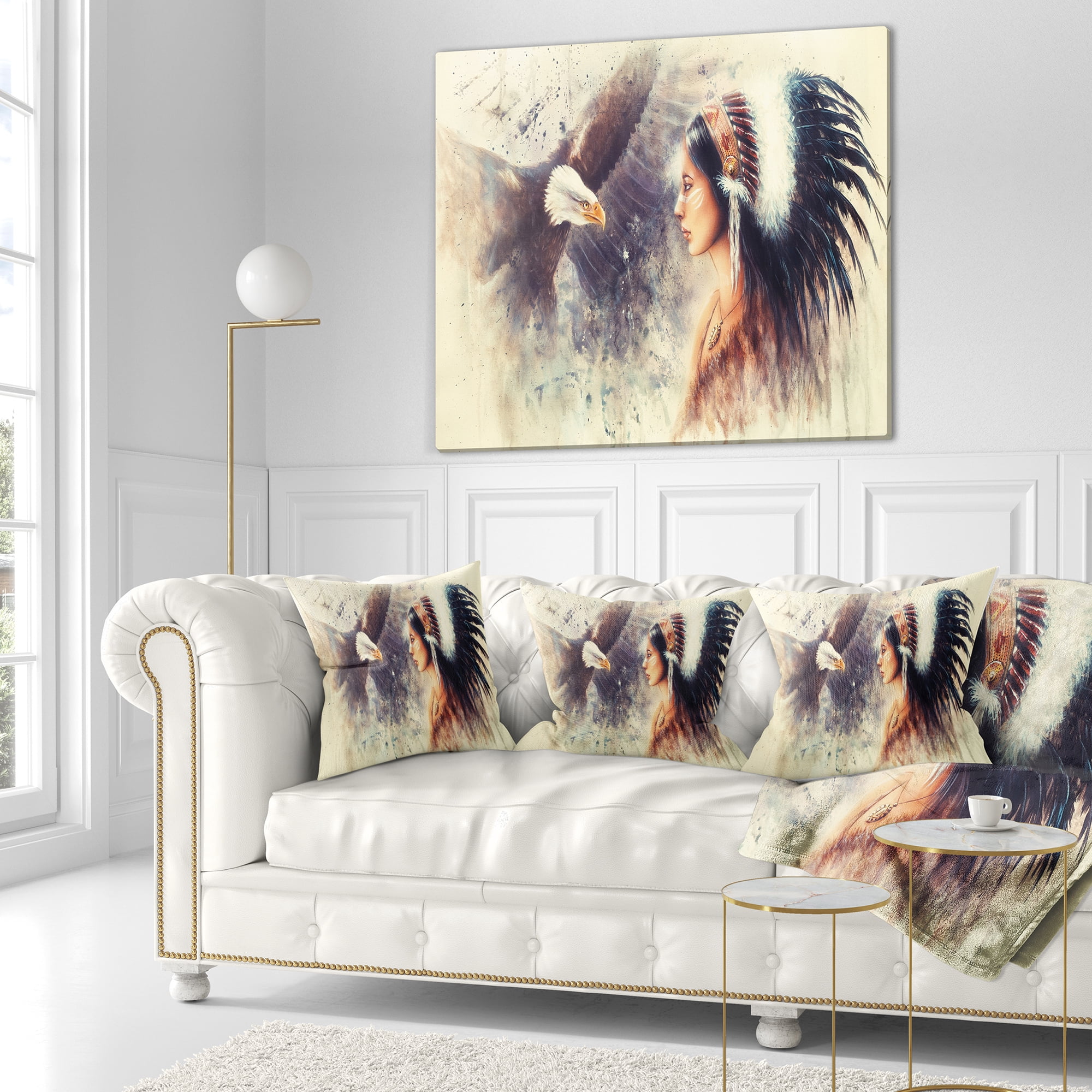 Designart Indian Woman and Eagle - Portrait Throw Pillow - 18x18