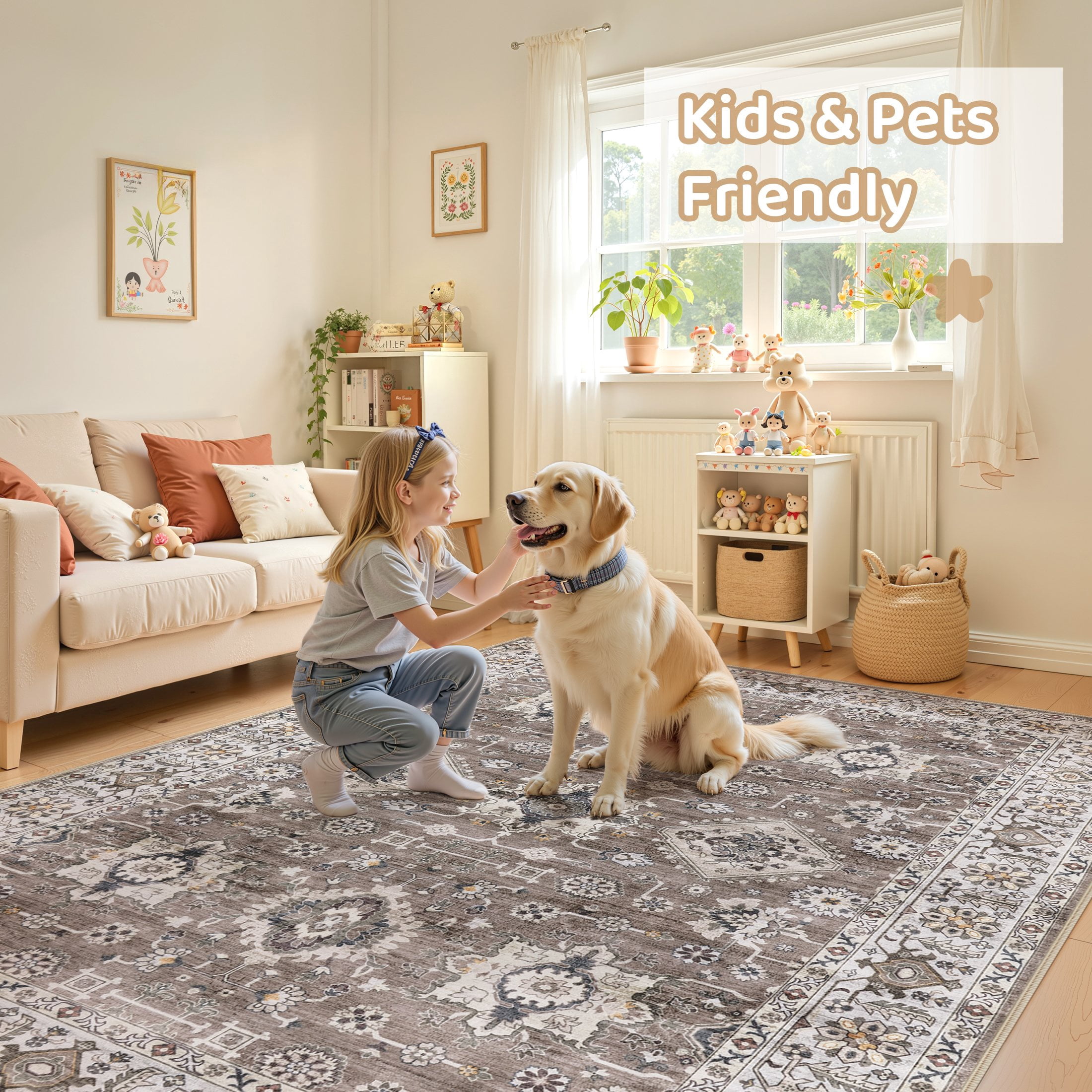 Uermei 10'x14' Large Area Rugs for Living Room: Non-Slip Indoor Carpet, Large Washable Vintage Foldable Rug for Bedroom Dining Room Office - Brown
