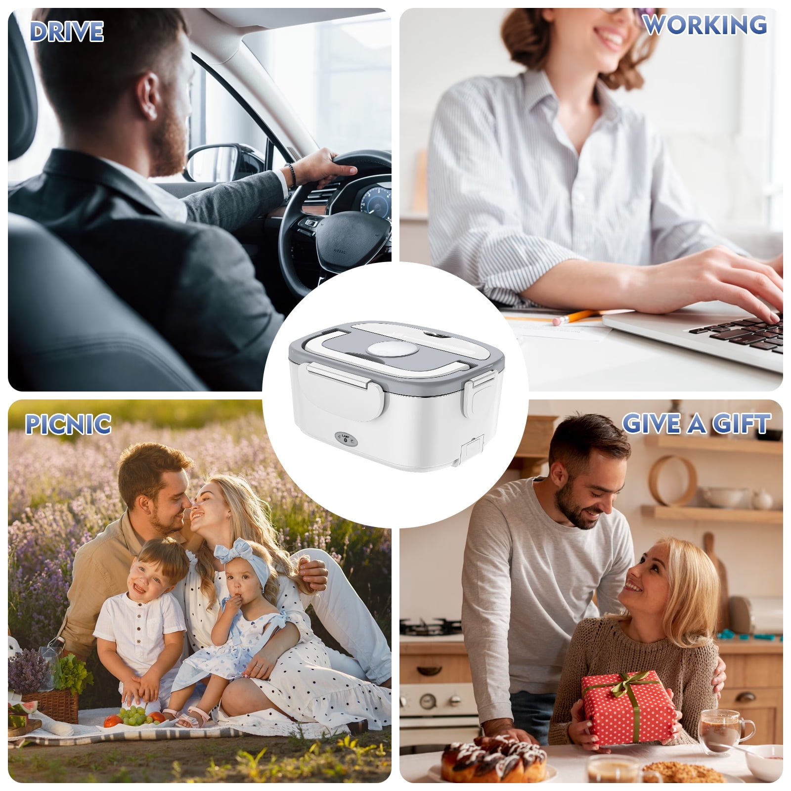 Electric Lunch Box -DFITO Fast 65W Food Heater 3-In-1 Portable Food Warmer Lunch Box W/Leak proof, 2 Compartments, Removable 304 Stainless Steel Container, Fork, Spoon and Carry Bag,White