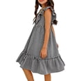 thumbnail image 5 of HAOTAGS Girls Gingham Dress,V-Neck Cap Sleeve A-Line Self-Tie Waist Sleeveless Dress Black 3-4, 5 of 7