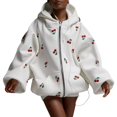 thumbnail image 3 of Women Cherry Print Zip Up Hoodie Long Sleeve Oversized Hooded Sweatshirt Y2k Jacket White M, 3 of 9