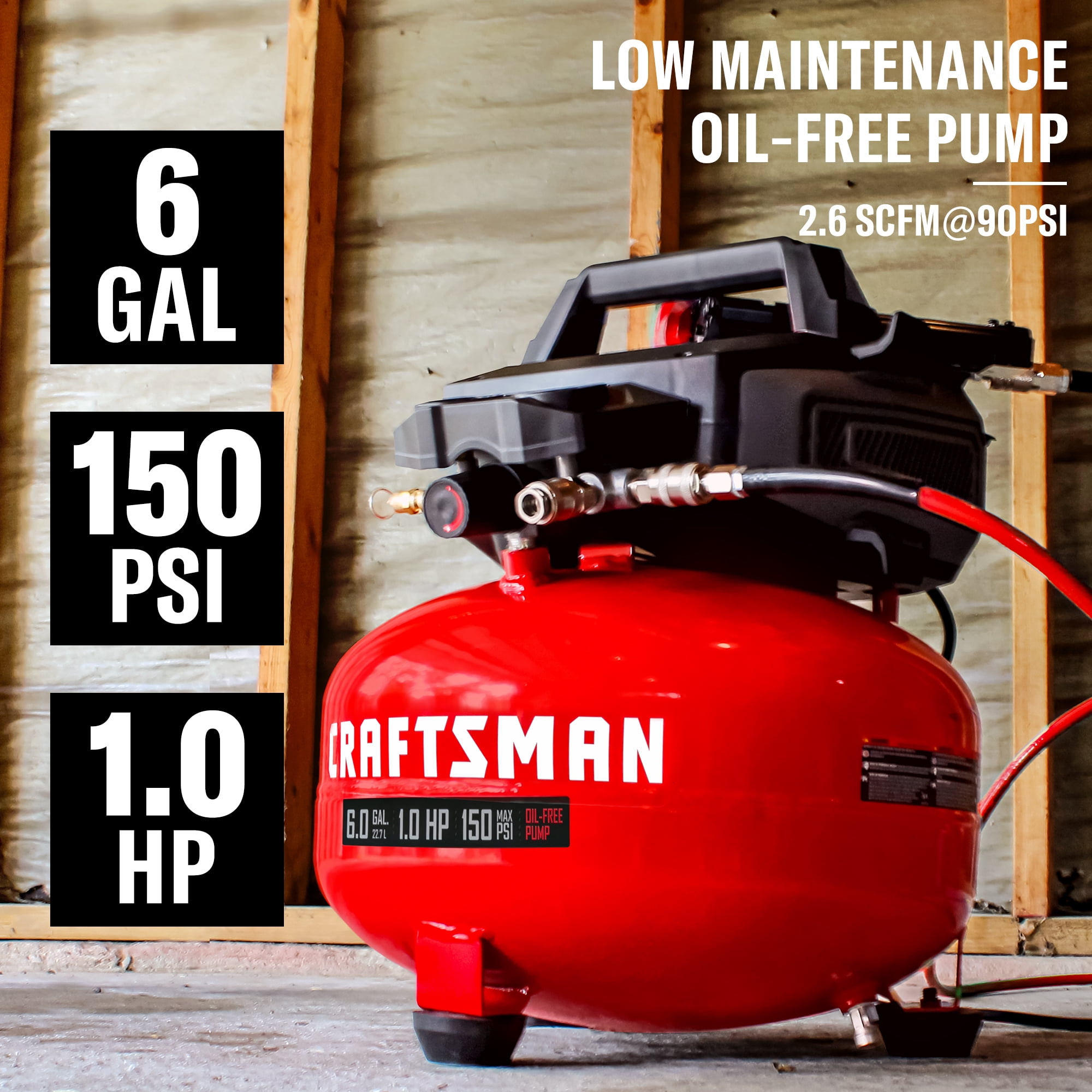 Craftsman Air Compressors 6 Gallon Portable Pancake Air Compressor,Oil Free Max 150 Psi 1.0HP 2.6 CFM@90PSI Electric Air Compressor Shop Air Compressor, CMXECXA02106410