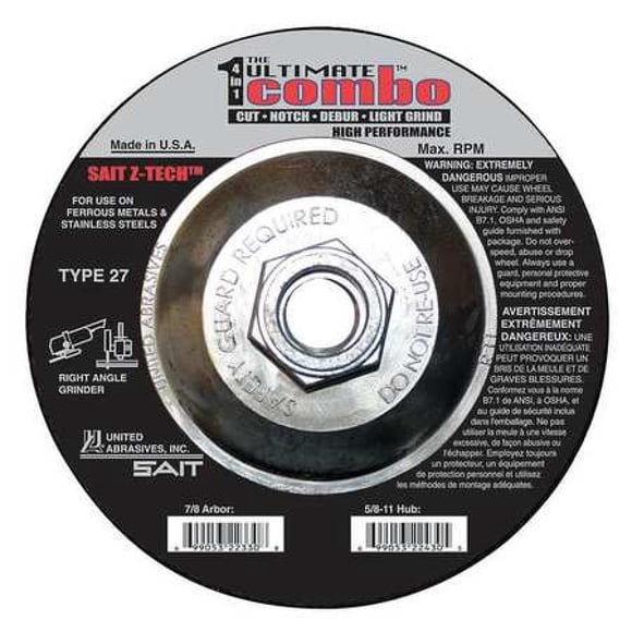 United Abrasives- SAIT 22430 Ultimate Combo Wheel Cut, Notch, Debur and Light Grind, High Performance, 4.5x.095x5/8-11 - Inches , 10-Pack