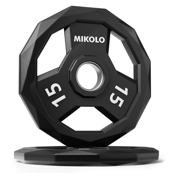 MIKOLO Color Coded Weight Plate 2-Inch Rubber Coated Olympic Grip Plate for Barbell, Solid Cast Iron for Strength Training, Weightlifting, Crossfit, Home Gym, 30LB, 15LB, Pair