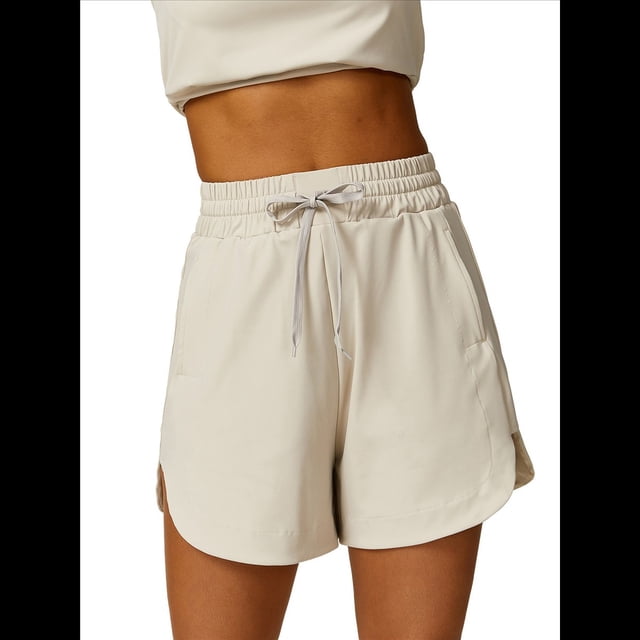 Pantalones Cortos Deportivos con Cordón para Mujer, de Cintura Alta, para Hacer Ejercicio en Verano, con Bolsillos. Cremoso M