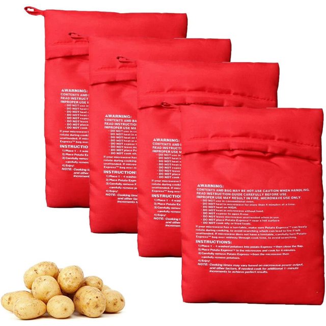 4 Pcs Sacs à Pommes de Terre Réutilisables Express Micro-Ondes Gain de Temps Pochette en Tissu pour Tout Type de Pommes de Terre Sacs de Cuisson en 4 Minutes (Rouge)