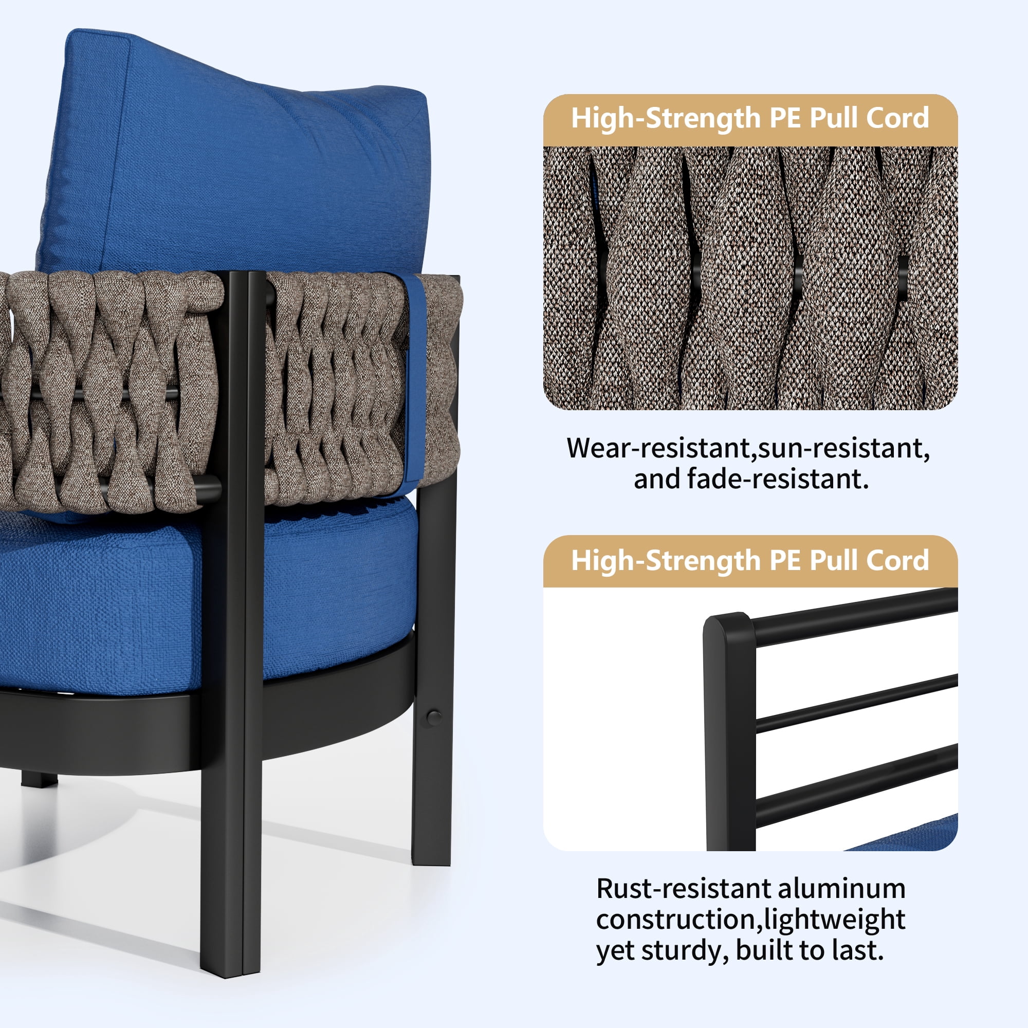 Gotland Metal Patio Furniture Set, Woven Rope Outdoor Sofa Set with Removable Cushion Cover and Detachable Coffee Table, Sectional Furniture for Backyard and Garden, Blue