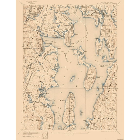 Topographical Map - Narragansett Bay Rhode Island Sheet - USGS 1892 - 23 x 29.75 - Vintage Wall Art