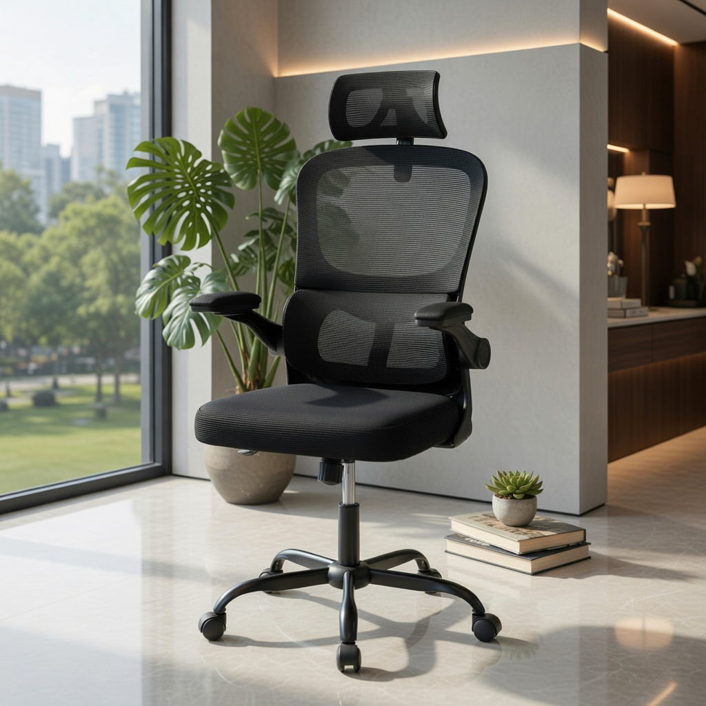 Demi Bonn Mesh Office Chair with Adaptive Lumbar Support Flip-up Armrests, Reclining Backrest, Rolling Work Computer Desk Chair, Black