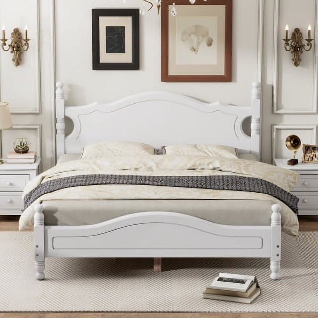 Cadre de Lit Plateforme en Bois Format Grand, Lit Plateforme Style Rétro avec Lattes de Bois, Blanc