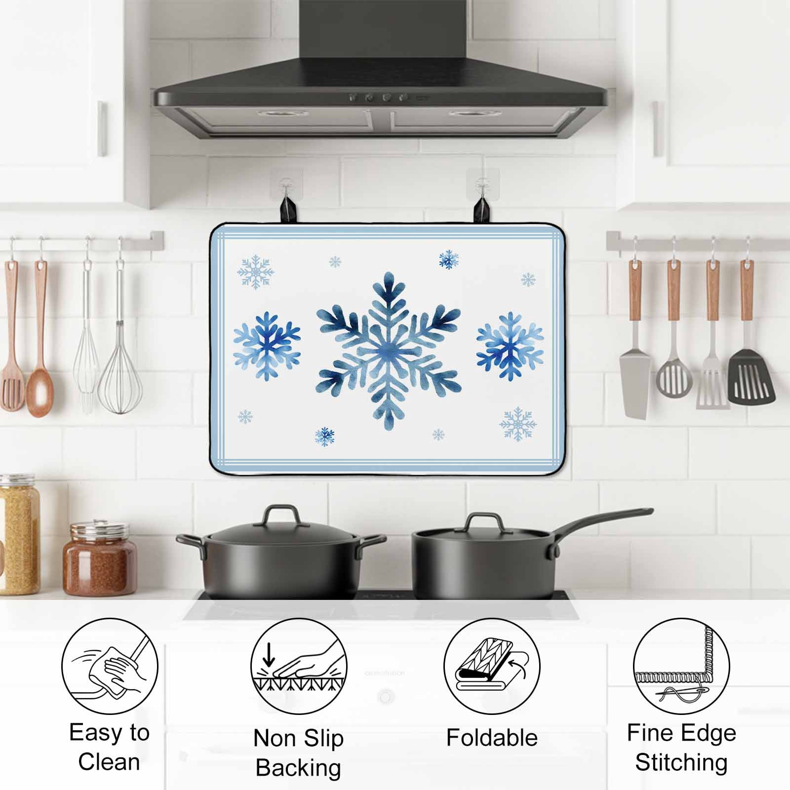 Navy Blue Snowflake Stove Top Cover for Electric Stove, Heat-proof & Non Slip Glass Top Stove Cover Protector, Christmas Winter Vintage White Stripes Kitchen Flat Cooktop Rubber Mat 24x21 Inches