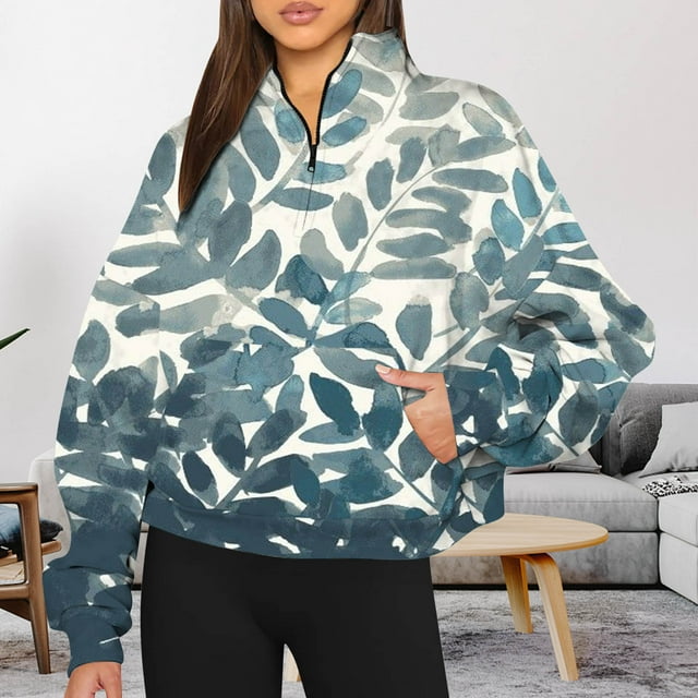 Chandails à Capuchon de Mode pour Femmes 2023 Mode Automne Hiver Imprimé Feuilles Décontracté Sports Col Rond Survêtements Manches Longues Col à Revers Fermeture Éclair Chandails à Capuchon 50 % de Réduction Liquidation Costumes Halloween/noël