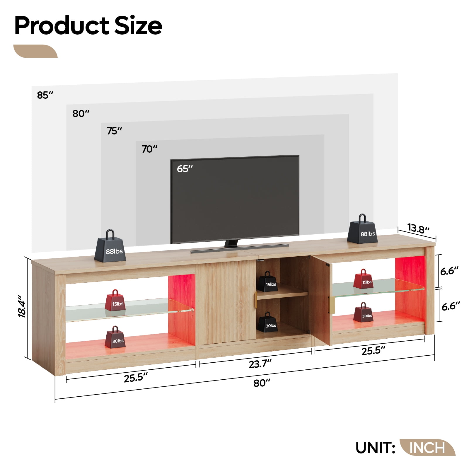Bestier 80 inch TV Stand for TVs up to 85", Entertainment Center with LED Lights & Storage Cabinet, Farmhouse Fluted TV Console, LOG