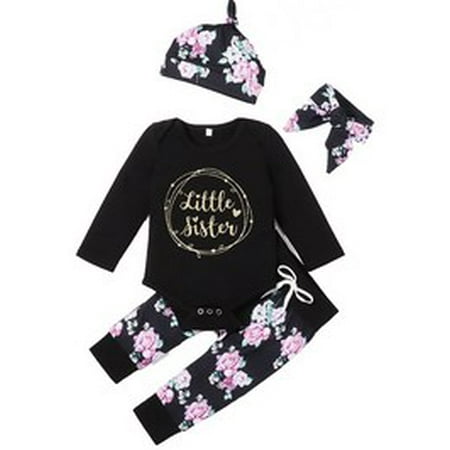 

4Pcs/set Newborn Baby Girl Long Sleeve Cotton Romper Outfit Toddler Tops+Flower Pants+Headband+Hat Clothes Set 0-24M