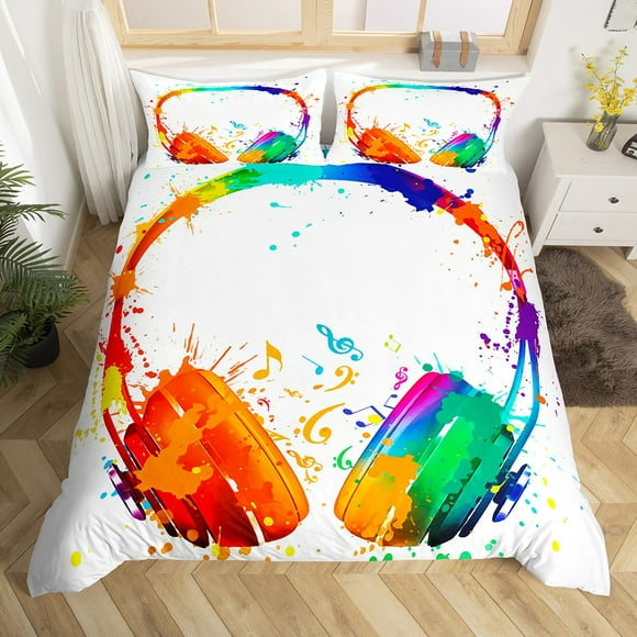 YST Rainbow Headset Duvet Cover King for Kids Teen Watercolor Headphone Bedding Set, Musical Notes Comforter Cover Hippie Hip Hop Bed Set, Graffiti Splatters Bedding (Zipper Closure)