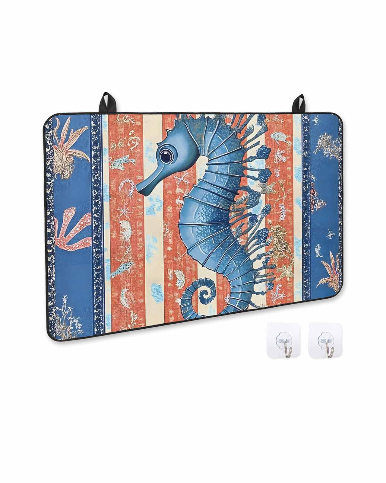nqOlkjepod Large Induction Cooktop Protector Mat 24"x21", Blue Seahorse Stove Top Covers for Electric Stove, Summer Ocean Orange Coral Striped Stove Burner Cover Mats, Glass Top Stove Cover