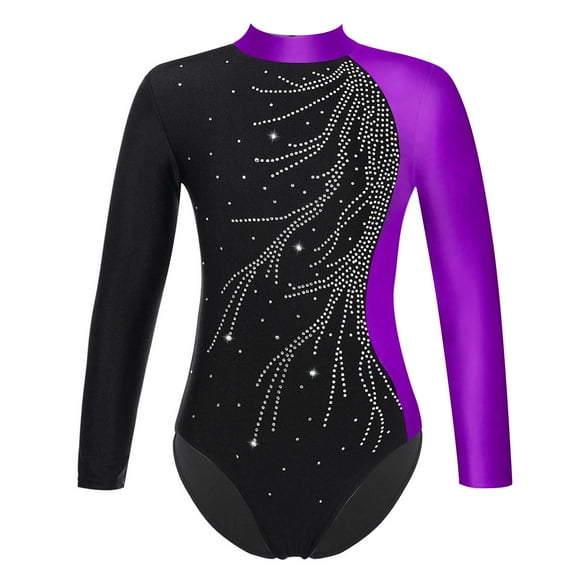 HULIJA Kid Girls Long Sleeves Shiny Sparkly Gymnastic Leotard Ballet Dance One Piece Outfit Athletic Purple 10