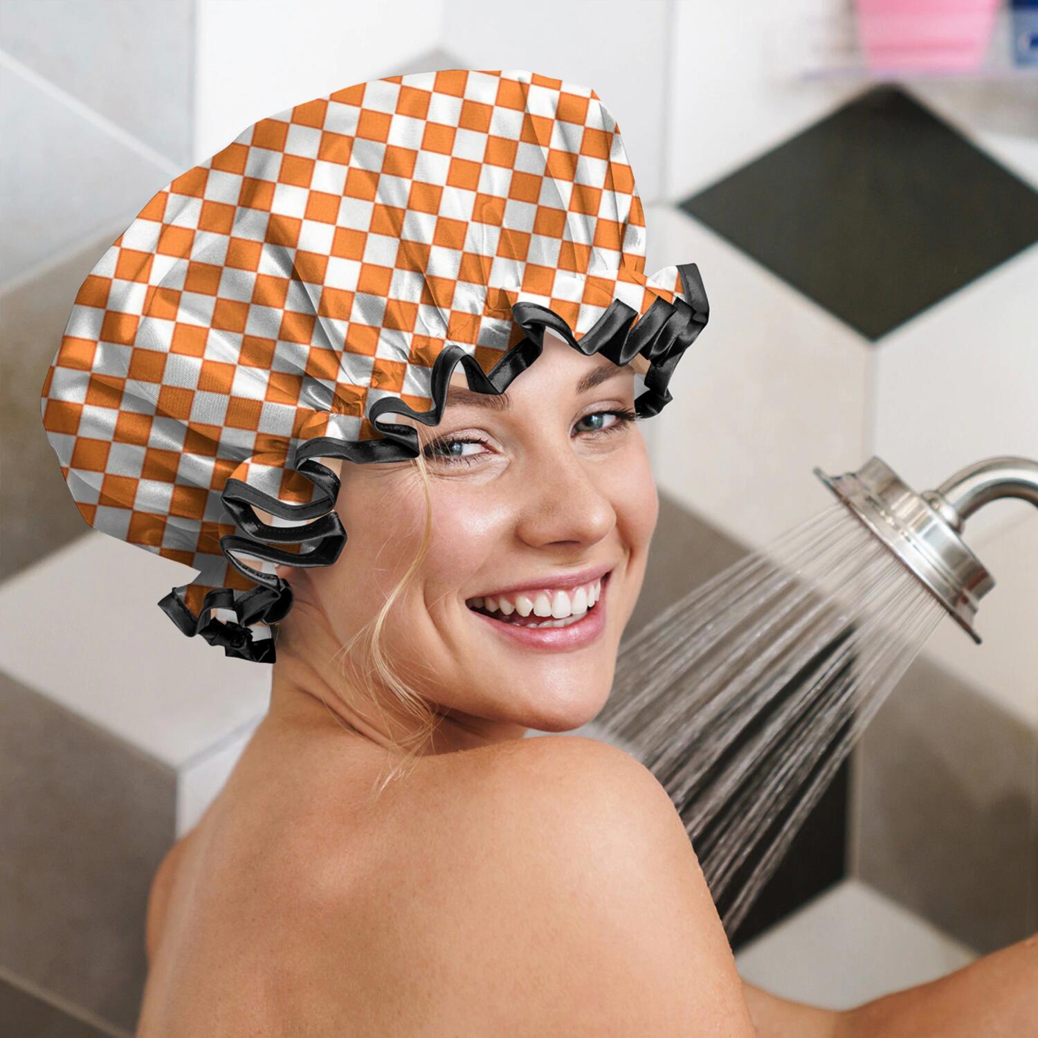 Shower Caps,Orange and White Diamond Pattern Waterproof Shower Cap for Women 4 Pieces,Double Reusable Hair Cover for Shower PEVA Elastic Stretch Hem