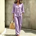 thumbnail image 2 of Gingham 2 Piece Set for Women Ruffle 3/4 Sleeve Notch Neck Top and Wide Leg Pants with Pockets Purple S, 2 of 7