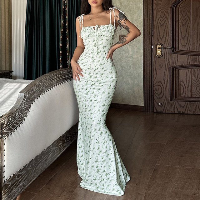 Robes d'Été pour Femmes 2025 Tendance Boho Imprimé Floral Col Rond Sans Manches Mode Décontractée Robe de Soleil Verte L