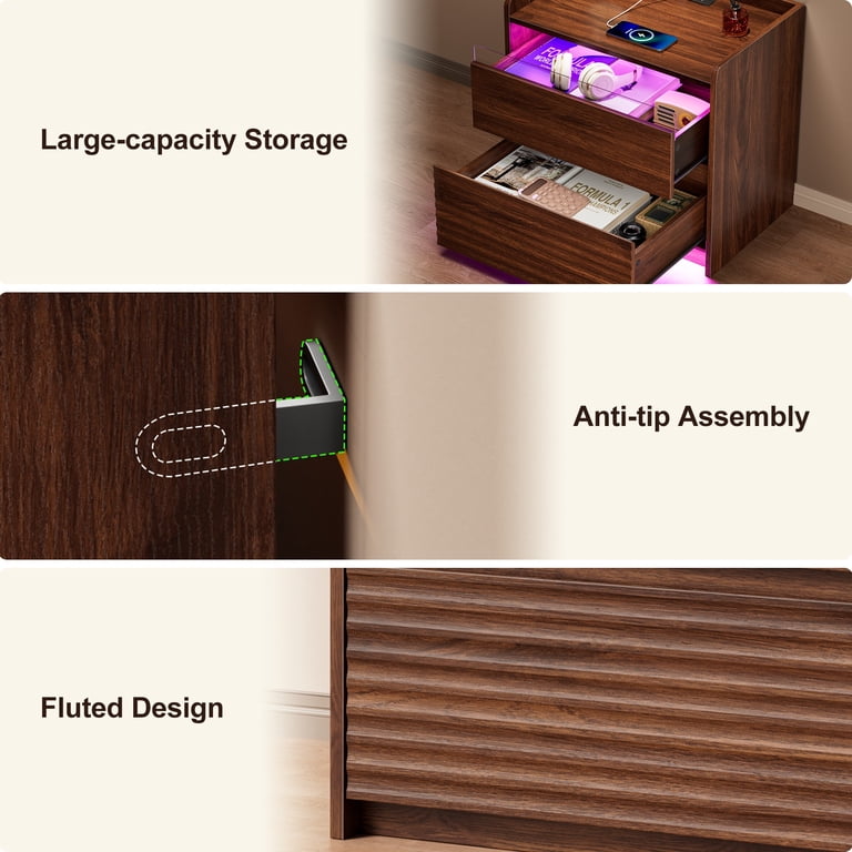 Satifur Smart LED Nightstand, Walnut Fluted Design photo 8