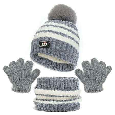 

SILVERCELL 1-6T Children s Stripe Hat + Scarf + Gloves Three Piece Set Boys and Girls’ Thick Velet Warm Woolen Hat Set