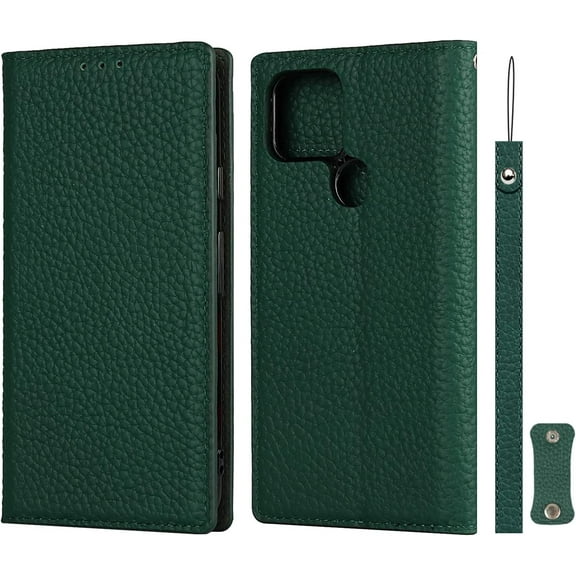 Pixel 5 Genuine Cowhide Leather Wallet Case,Headset Winder,Flip Folio Magnetic Closure,Card Slots,Kickstand,Cash Pockets Wrist Strap Case for Google Pixel 5,6.0",Deep Green