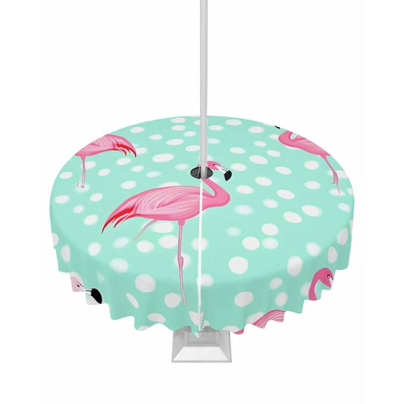 nqOlkjepod Pink Flamingo Outdoor Tablecloth with Umbrella Hole & Zipper, White Green Polka Dot Modern Art Round Table Cover 54 Inch, Dining Waterproof Table Cloth Protector for Patio/Party/Picnic