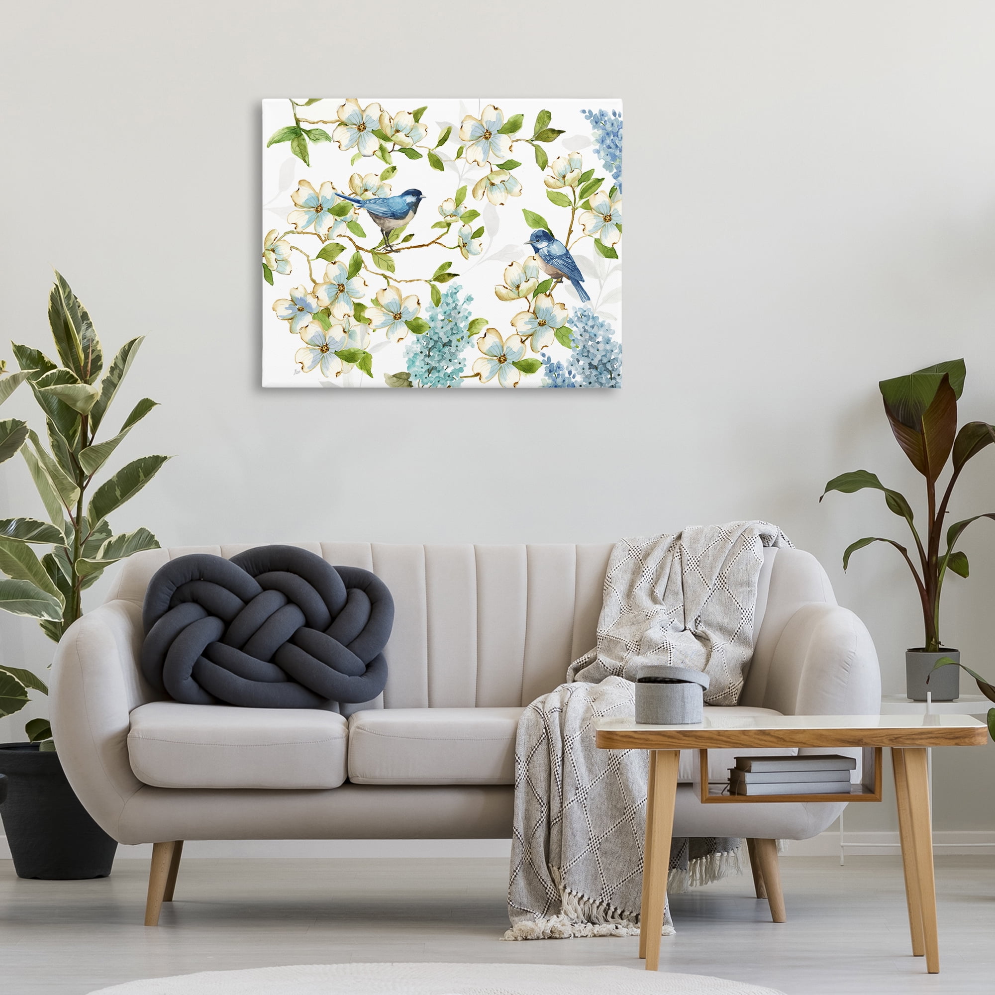 Stupell Industries Dogwood & Bluebirds Plants & Flowers Painting Wrapped Canvas Art Print Wall Art, 40 x 30