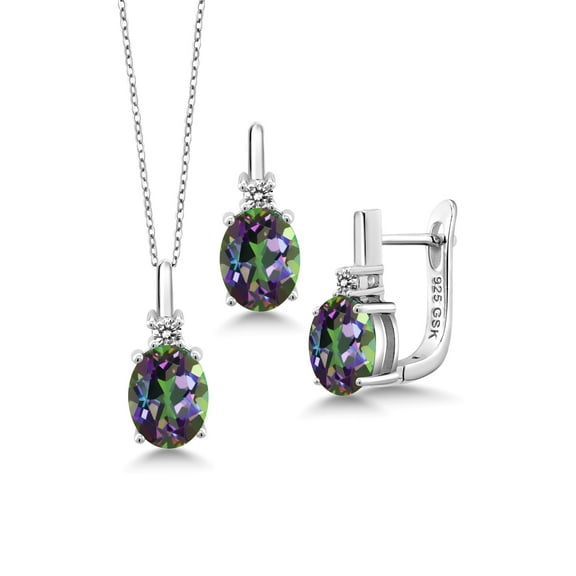 Gem Stone King 6.97 Ct Green Mystic Topaz White Diamond 925 Silver Pendant and Earrings Jewelry Set