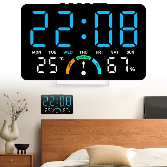 YCCMML Digital Wall Clock, Large LED Alarm Clock with Humidity Temperature Date & Comfort Indicators, Wall Mount or Desk Stand