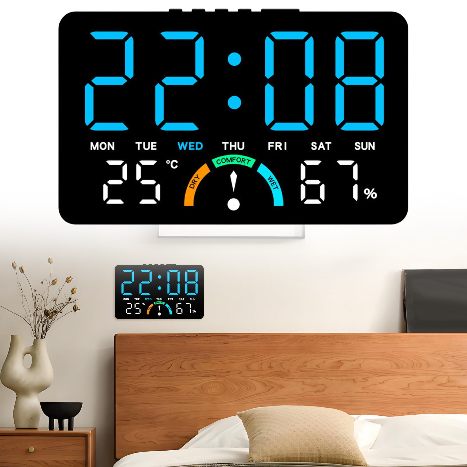 YCCMML Digital Wall Clock, Large LED Alarm Clock with Humidity Temperature Date & Comfort image
