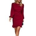 thumbnail image 2 of Women's Dress Long Sleeve Round Neck Slim Fit Bodycon Fishtail Hem Midi Dress for Spring Fall Casual,Wine,L, 2 of 7
