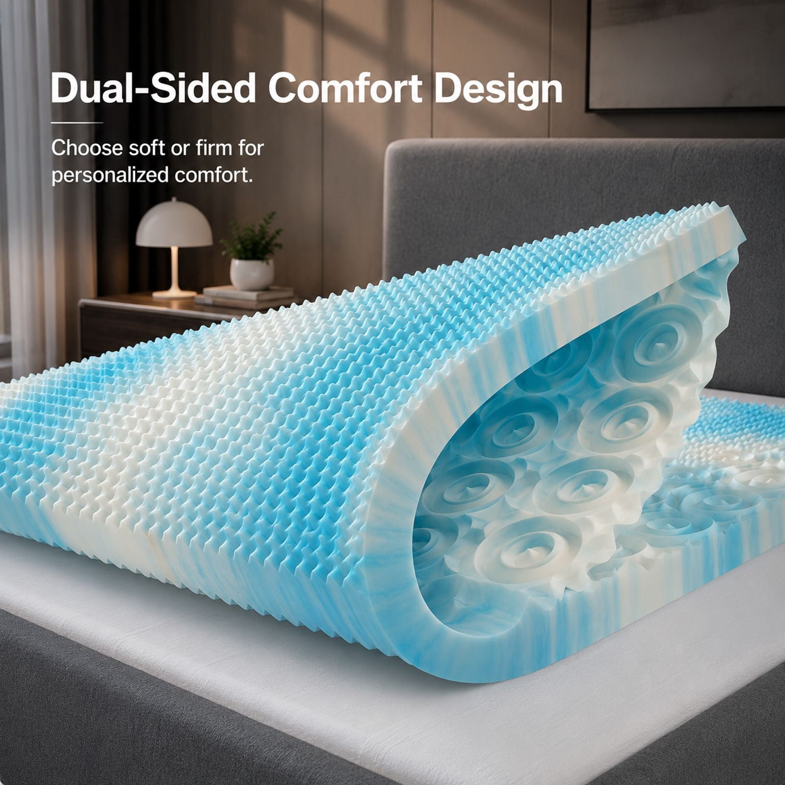 Alvantor 2/3/4 Inch 5-Zone Cooling Gel Memory Foam Mattress Topper, Pressure Relief for Back & Hip Pain, Soft Reversible Pad for Dorm RV Camping