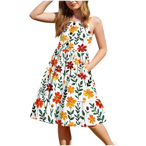 XUNKUSGA Girls Summer Dresses Casual Floral Boho Square Neck Midi Dress Spaghetti Straps Floral Tiered Sundress Smocked Shirred Party Dress 2-12 Years