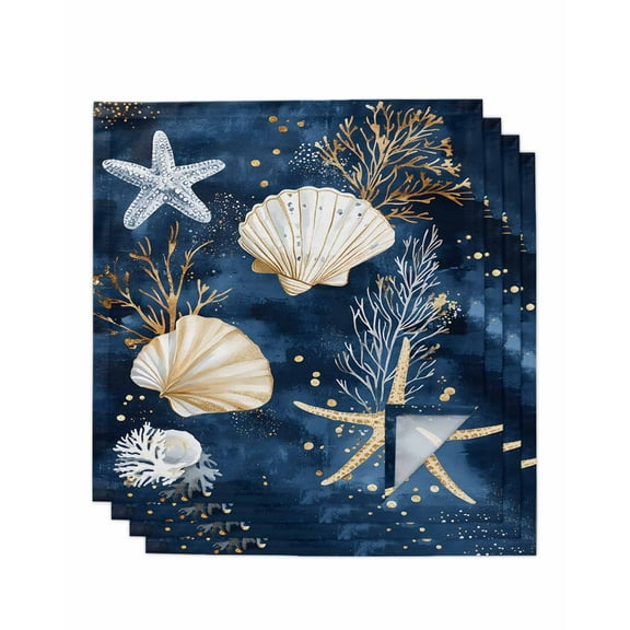 nqOlkjepod Coastal Cloth Napkins Set of 4 Reusable Dinner Napkins, Summer Beach Starfish Shell Sea Coral Navy Blue Cocktail Napkin Washable Table Napkins for Wedding/Party/Baby Shower 20"x20"