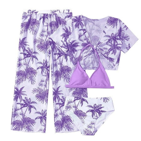 BOBOGOJP Girl s 4 Piece Swimsuits Tropical Print Halter Bikini Set Bathing Suits with Kimono and Cover Up Pants (Purple 11-12 Years)