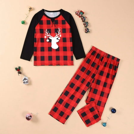 

Pajamas for Kids Parent-child Attire Christmas Suits Patchwork Plaid Printed Homewear Round Neck Long Sleeve Pajamas Two-piece Kids Sets Family Christmas Pajamas on Clearance