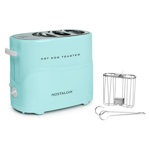 Nostalgia 2-Slot Pop-Up Bun and Hot Dog Toaster with Removable Hot Dog Cage and Mini Tongs, Aqua