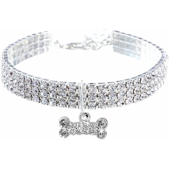 Rhinestone Dog Necklace Collar Pet Dog Accessories Jeweled Puppy Necklace Diamond Pets for Small Medium Dogs Cats Chihuahua Silver M