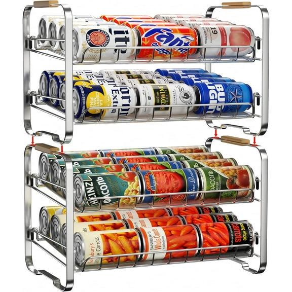 2-Tier Can Organizer for Pantry, Stackable Easy Install Metal Adjustable Sturdy Hold 48 Cans Rack Storage Holder Dispenser for Soda Drinks Fruits, for Kitchen Cabinet Countertop, 2 Pack Black