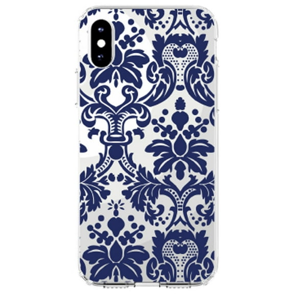 DistinctInk Clear Shockproof Hybrid Case for iPhone X / XS (5.8" Screen) - TPU Bumper, Acrylic Back, Tempered Glass Screen Protector - Blue Grey Damask